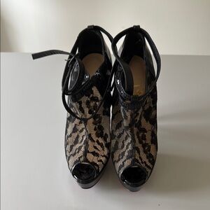Christian Louboutin Black Lace Bridget Peep Toe Platform Stilettos